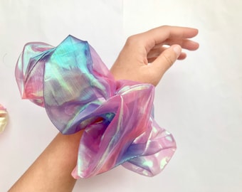 Irisierendes Extra Large Scrunchy, holographische Riesen Scrunchies, Jumbo Scrunchies, Übergroße Scrunchies, Riesen flauschige Scrunchies