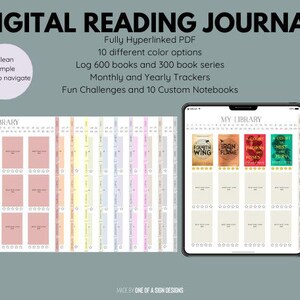 May include: Digital reading journal with a clean, simple design. Features include a fully hyperlinked PDF, 10 color options, and trackers for books and series. The journal includes fun challenges and custom notebooks. The text on the screen says "MY LIBRARY".