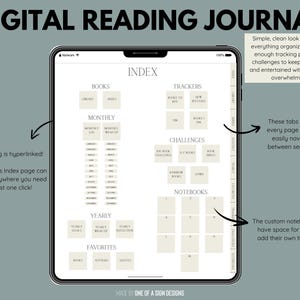 May include: Digital reading journal displayed on a tablet screen. The journal features an index with sections for books, trackers, monthly logs, yearly goals, and favorites. Text on the screen includes "Digital Reading Journal" and "Index."