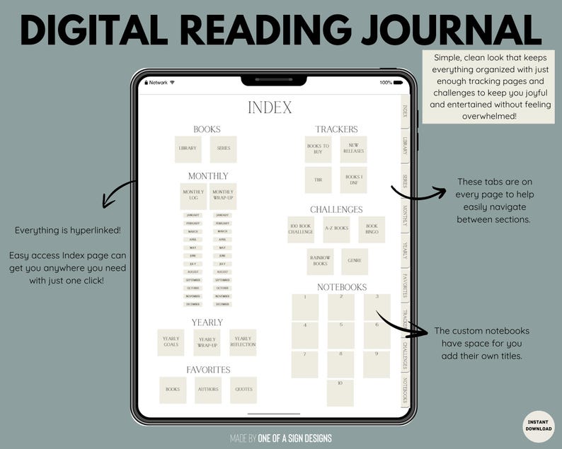 May include: Digital reading journal displayed on a tablet screen. The journal features an index with sections for books, trackers, monthly logs, yearly goals, and favorites. Text on the screen includes "Digital Reading Journal" and "Index."