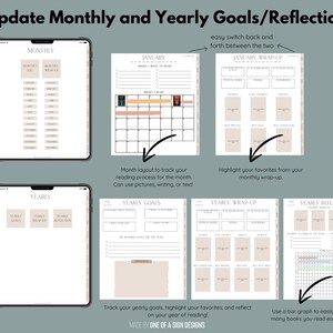 May include: Digital planner pages with the text "Update Monthly and Yearly Goals/Reflection." The planner includes sections for monthly and yearly goals, wrap-ups, and reflections. The pages are beige and white with black text and illustrations.
