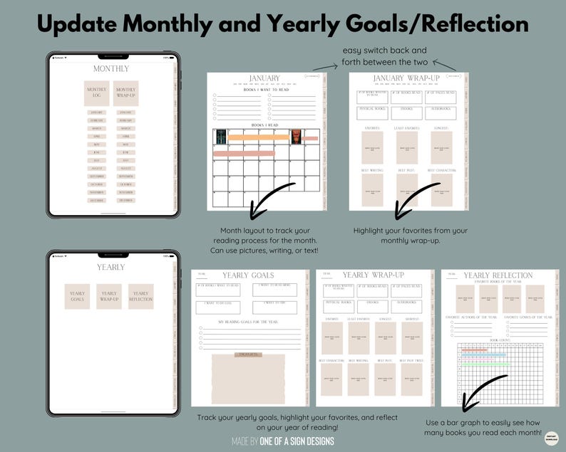 May include: Digital planner pages with the text "Update Monthly and Yearly Goals/Reflection." The planner includes sections for monthly and yearly goals, wrap-ups, and reflections. The pages are beige and white with black text and illustrations.