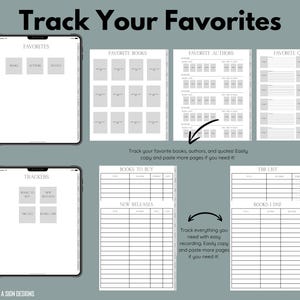 May include: A digital planner with the text "Track Your Favorites" at the top. The planner includes sections for favorite books, authors, and quotes, as well as trackers for books to buy, new releases, and a TBR list. The design is minimalist.