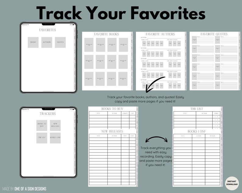 May include: A digital planner with the text "Track Your Favorites" at the top. The planner includes sections for favorite books, authors, and quotes, as well as trackers for books to buy, new releases, and a TBR list. The design is minimalist.