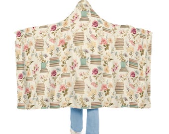 Floral Books Hooded Blanket | Reading Blanket | Wearable Blanket | Hoodie Blanket | Snuggle Blanket | Sherpa Blanket