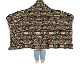Books and Flowers Hooded Blanket | Reading Blanket | Floral Blanket | Wearable Blanket | Hoodie Blanket | Snuggle Blanket | Sherpa Blanket