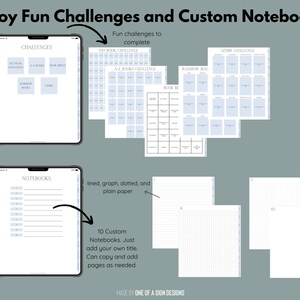 May include: Digital notebook templates with challenges and custom notebook pages. The image shows a tablet with challenge layouts, including a 100 book challenge and A-Z books challenge. Also shown are lined, graph, and dotted paper templates.