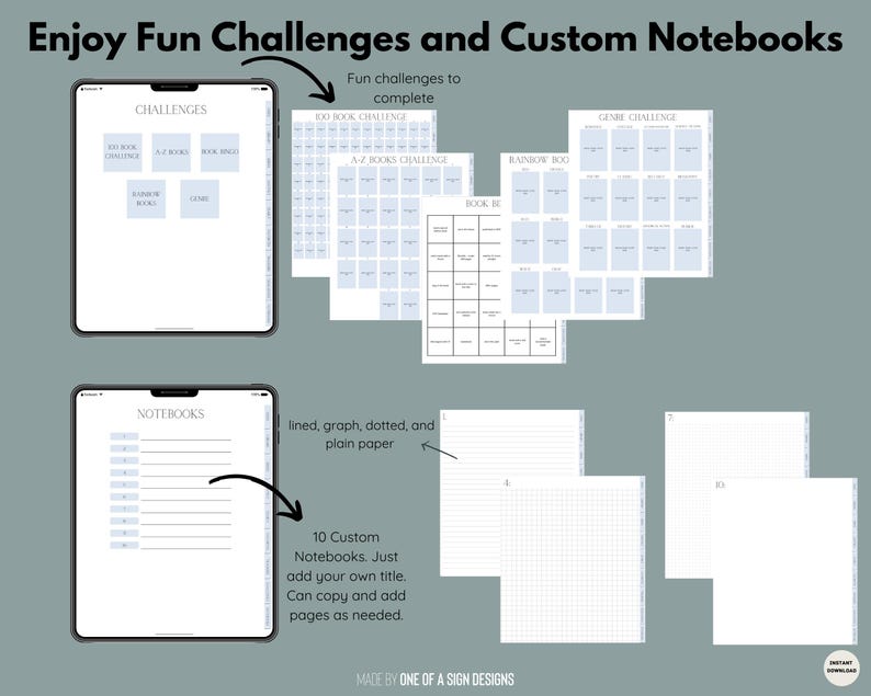 May include: Digital notebook templates with challenges and custom notebook pages. The image shows a tablet with challenge layouts, including a 100 book challenge and A-Z books challenge. Also shown are lined, graph, and dotted paper templates.