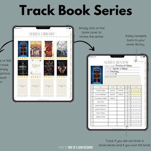 May include: A digital book tracker on a tablet displays book covers and series reviews. The text "Track Book Series" is at the top. The app allows users to track 300 different book series and import book covers.