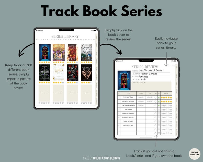 May include: A digital book tracker on a tablet displays book covers and series reviews. The text "Track Book Series" is at the top. The app allows users to track 300 different book series and import book covers.