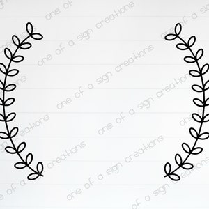 May include: A black and white wreath made of simple leaf shapes. The wreath is a circular design with two halves that are mirror images of each other.