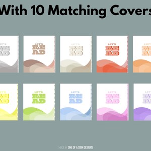 May include: Ten matching book covers with the text "LET'S READ" in various colors. Each cover has a white background with a wavy design in shades of gray, brown, red, orange, yellow, green, blue, pink, and purple. The text "With 10 Matching Covers" is at the top.
