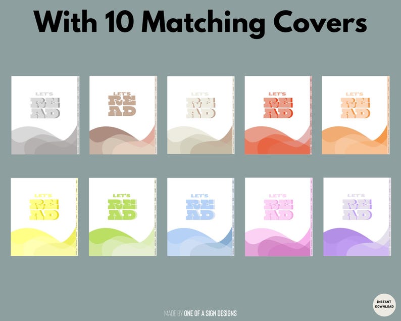 May include: Ten matching book covers with the text "LET'S READ" in various colors. Each cover has a white background with a wavy design in shades of gray, brown, red, orange, yellow, green, blue, pink, and purple. The text "With 10 Matching Covers" is at the top.