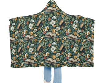 Manta con capucha de libros y flores / Manta de lectura / Manta para vestir / Manta con capucha / Manta para acurrucarse / Manta Sherpa / Manta de vellón