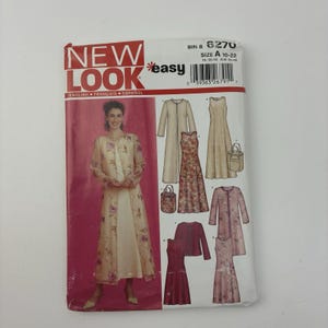 May include: A New Look sewing pattern envelope 6270, size A 10-22, featuring illustrations of a long-sleeved duster coat, a sleeveless dress, and a matching handbag. The cover displays a model wearing a floral duster over a solid dress.
