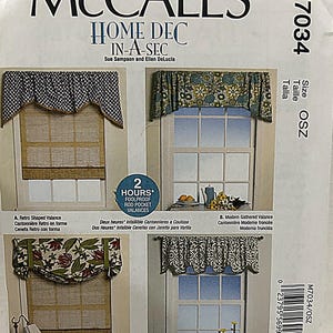 May include: McCall's Home Dec In-A-Sec sewing pattern featuring four valance designs. The designs include a retro-shaped valance, a modern gathered valance, a relaxed Roman valance, and a wave valance. The pattern promises a quick two-hour project.