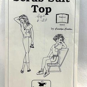 May include: A vintage sewing pattern titled "Scrub Suit Top" with illustrations of a woman in scrubs. The pattern is for sizes 6-20 and is marked "Beginner." The designer is Carolyn Curtis, and the logo "Teens Can Sew" is present.
