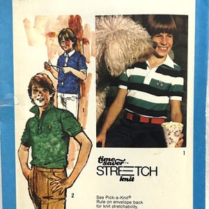 May include: Vintage Simplicity sewing pattern 9419 for boys' knit shirts. The pattern features illustrations of boys wearing polo shirts in green, blue, and striped designs. The pattern includes the text "time saver STRETCH knit".