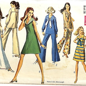 May include: Vintage Simplicity sewing pattern 3205 featuring various 1970s women's fashion designs. The pattern includes a sailor-style jumpsuit, a green mini-dress, and a striped dress. The bust size is 36 inches.