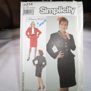 May include: Simplicity sewing pattern number 9314 for a suit with a jacket and skirt. The pattern includes two different styles, one with a floral print and one with a solid color. The pattern is for sizes D (4+6+8).