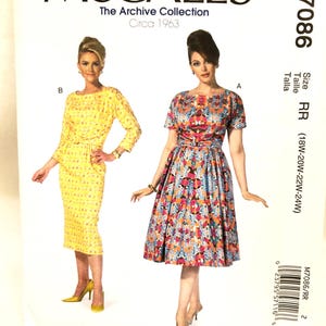 May include: McCall's M7086 sewing pattern envelope for The Archive Collection Circa 1963. Features two dress styles: a yellow patterned sheath dress with three-quarter sleeves and a multi-colored floral print dress with short sleeves. Size RR.
