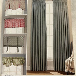 May include: Simplicity sewing pattern featuring various curtain designs. The pattern includes options for different styles, including patterned valances and full-length drapes. The main image shows a pair of gray curtains. The pattern is designed and printed in the USA.