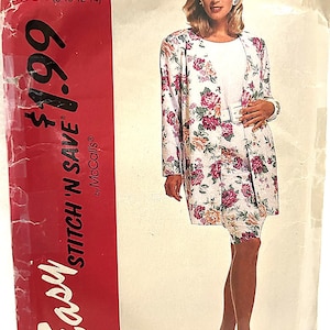 May include: Vintage sewing pattern for a floral print suit. The pattern envelope is red and white with the text "Easy Stitch 'N Save" and the price $1.99. The suit includes a long jacket and a skirt, both with a floral pattern.