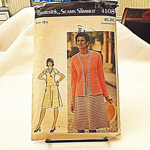 May include: Vintage Butterick Seams Slimmer sewing pattern 4108. The pattern features illustrations of a woman wearing a skirt suit and a dress. The cover is peach with black text and a price tag.