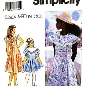 May include: Simplicity sewing pattern featuring Jessica McClintock designs. The pattern includes illustrations of dresses with various details, including floral prints and lace trim. The pattern size is AA 7, 8, 10, 12, and 14.