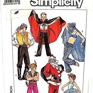 May include: Simplicity sewing pattern for children's costumes, size 2-4. The image shows illustrations of a pirate, vampire, Santa Claus, and other characters. The costumes include capes, hats, and various outfits.