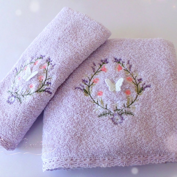 Turkish towel set, lace embroidery, 100% cotton wedding gift bridal shower victorian style rose floral lace purple lilac mother's day