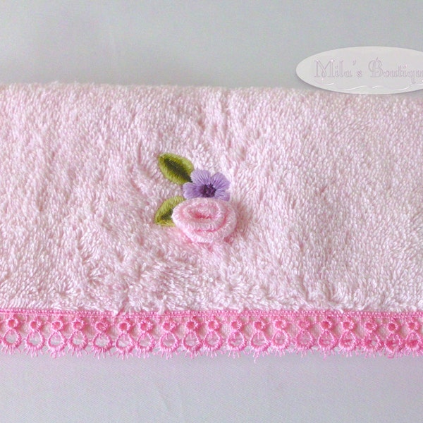 CLEARANCE. Turkish 100% cotton fingertip towel, lace embroidery pink floral wedding bridal shower lilac pink  flower victorian cottage chic