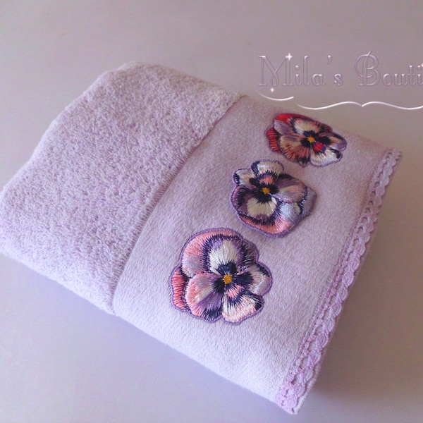 Turkish hand towel, lace embroidery, 100% cotton, wedding gift idea, bridal shower colorful victorian style, pansy floral lace purple lilac