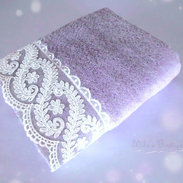 Turkse handdoek, kant borduurwerk bamboe / katoen huwelijkscadeau idee bruidsdouche victoriaanse shabby chique Franse stijl lila paars