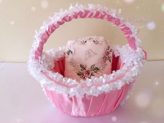 Storage Basket Organizer Bedroom Bathroom Nursery Easter Pink White Laces Victorian Style Romantic Decor Gift Idea For Her