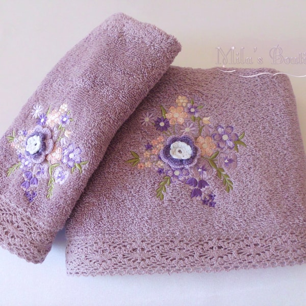 Turkish towel set, lace embroidery, 100% cotton, wedding gift idea, bridal shower colorful victorian style, purple lilac floral lace