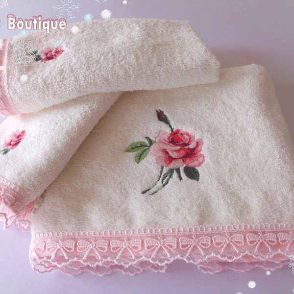 Turkish towel set, lace embroidery, 100% cotton, floral roses, wedding gift idea, bridal shower, off-white, victorian style shabby chic