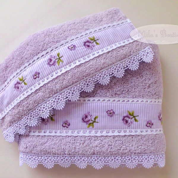 Turkish towels set of 2, lace embroidery, natural turkish 100 cotton floral roses purple wedding gift, bridal shower victorian style