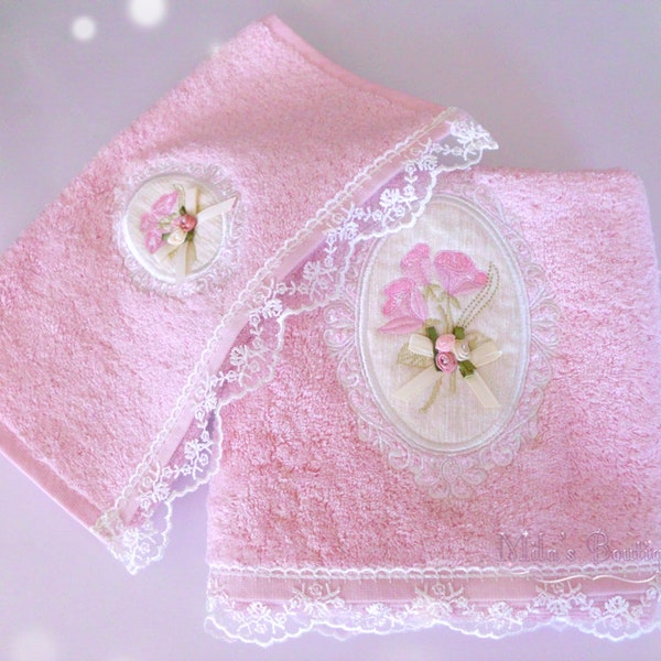 Turkish towel set, lace embroidery cotton/bamboo floral roses wedding gift, bridal shower, victorian, pink victorian french shabby chic