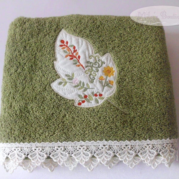 Turkish hand towel, lace embroidery, 100% cotton wedding gift bridal shower victorian fall autumn floral lace sage green leaves shabby chic