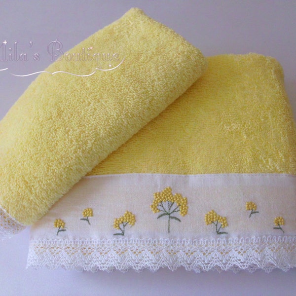 Turkish hand towel set, lace embroidery, 100% cotton, wedding gift idea, bridal shower victorian style spring floral lace yellow shabby chic