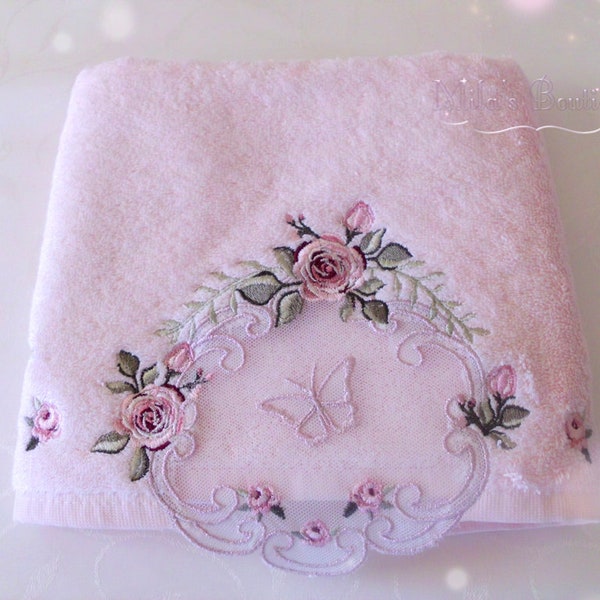 Turkish towel, lace embroidery, cotton/bamboo blend, floral roses, wedding gift, bridal shower, victorian, pink victorian style