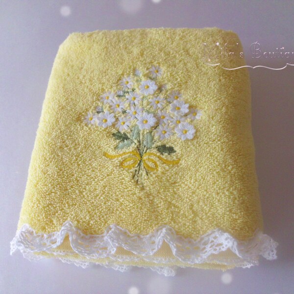 Turkish hand towel, lace embroidery, 100% cotton, wedding gift idea, bridal shower victorian style, spring floral lace yellow shabby chic