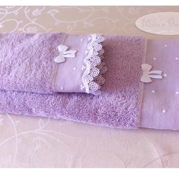 Türkische Handtücher Set 2, Spitze, Stickerei, 100 % Baumwolle, Polka Dot, Bogen, Hochzeitsgeschenk, Brautdusche, viktorianische, lila Flieder, viktorianischen Stil