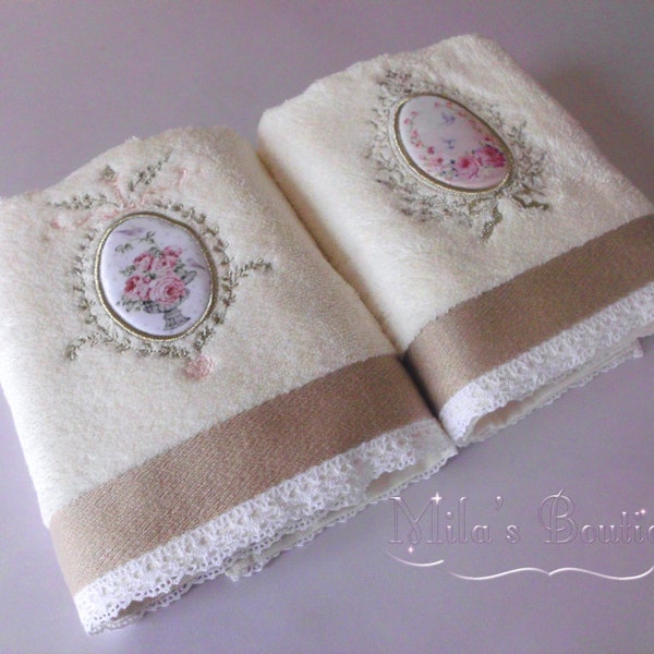 Turkish towel set gift basket, lace embroidery 100% cotton wedding bridal shower Victorian shabby chic Edwardian pink cream white blue