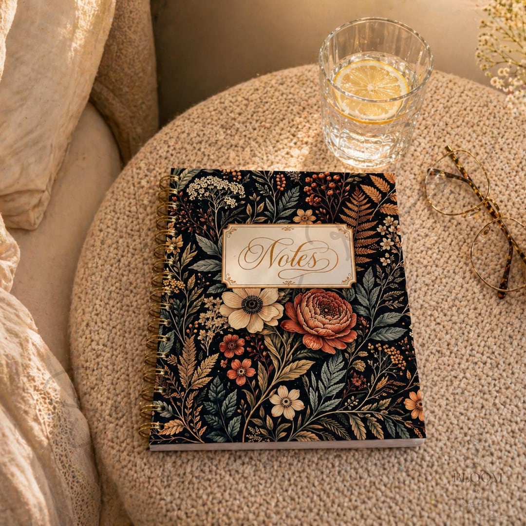 Dark Floral Notebook With Dividers, Aesthetic Spiral Notebook, Vintage ...