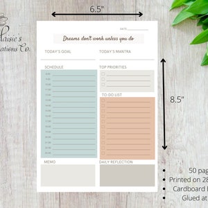 Daily Planner Notepad | Stationary | Day Planner | Goals | Reflection | Mantra | Dreams don't work unless you do | Planner| Schedule