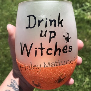 Drink Up Witches Glitter Wine Glass | Peek-a-boo Glitter Wine Glass | Halloween Wine Glass | Glitter Wine Glass | Alcohol Humor