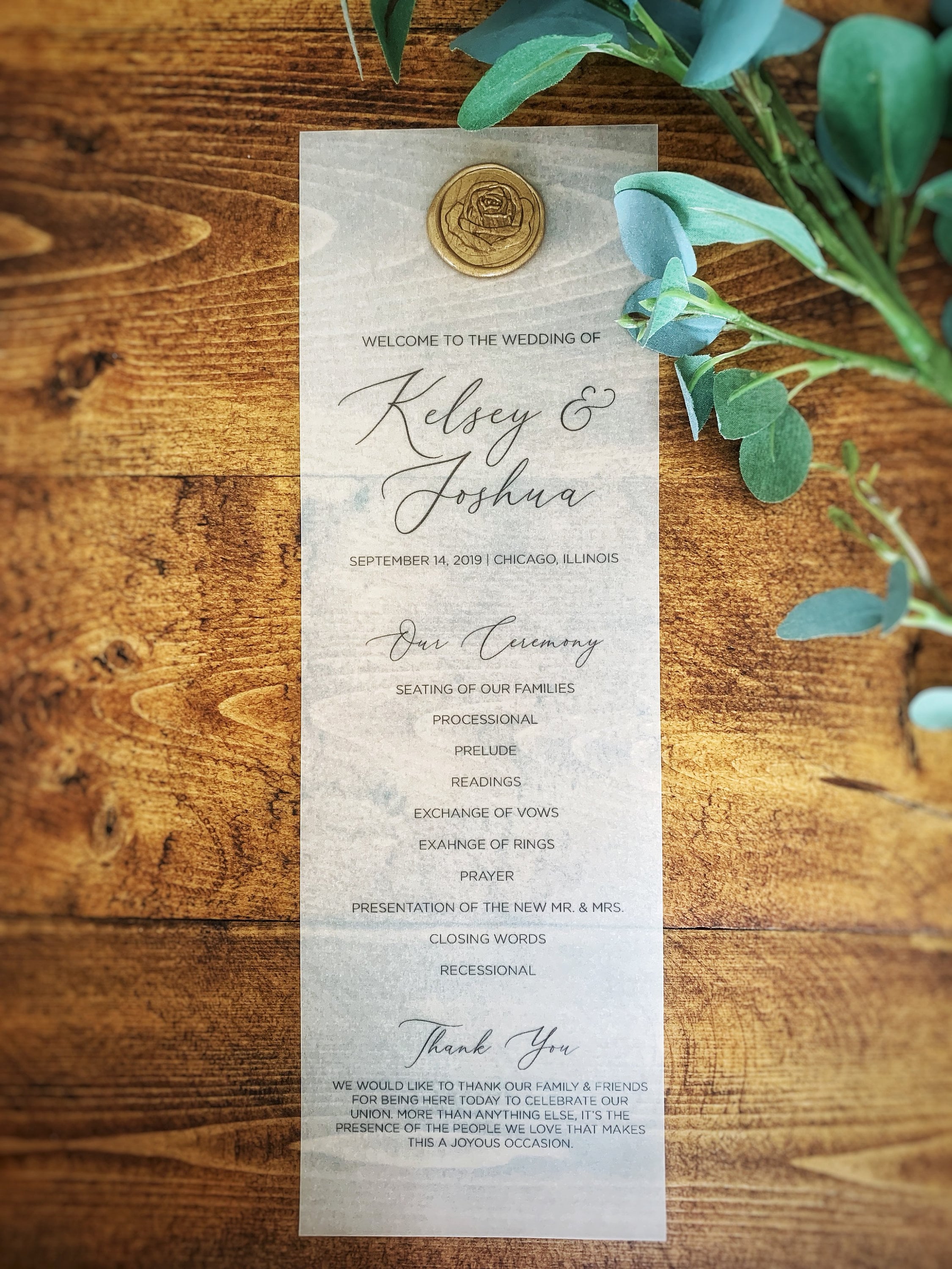 Modern Wedding Ceremony Program on Vellum with Wax Seal Etsy