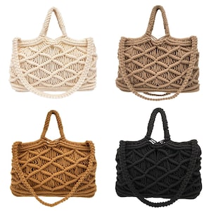 Boho Macrame Tote Bag – Handmade Boho Cotton Tote, Medium Crossbody or Shoulder Strap, 11 Colors, Beach & Market Bag with Zipper Pocket